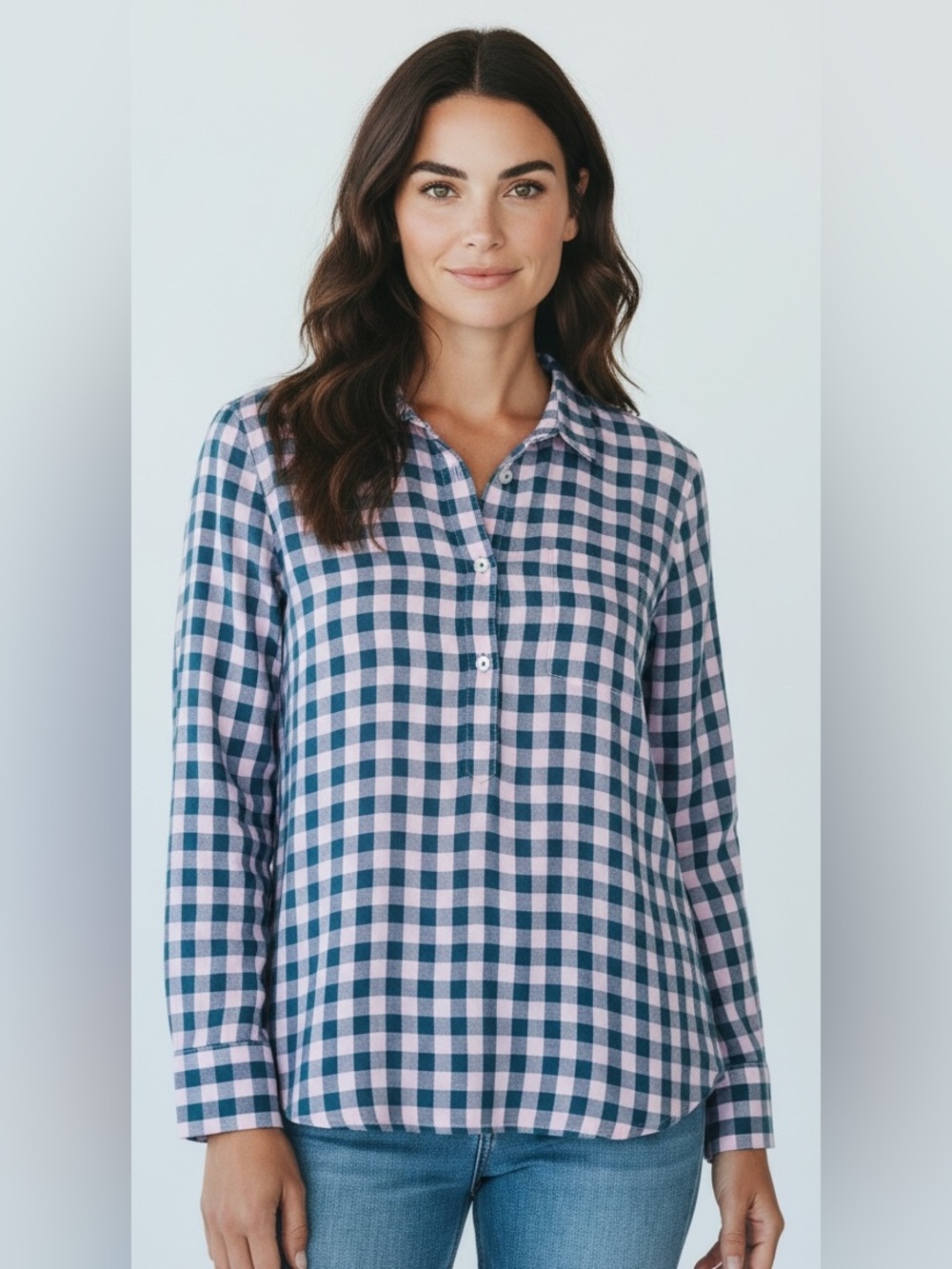J. Crew Popover Blouse Shirt Pink Teal Checked‎ Women Size 4